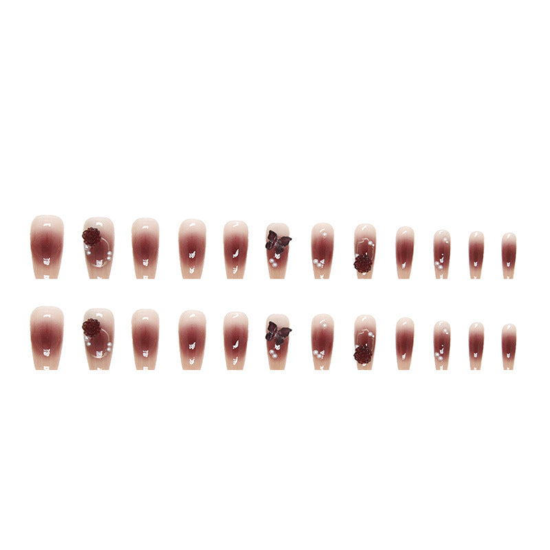 Crystal 24pcs long design coffin gradient red press on nail