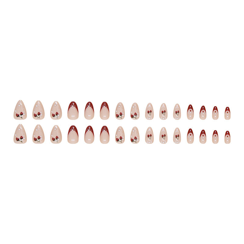 Cherry nail red French design nude almond women press on nail