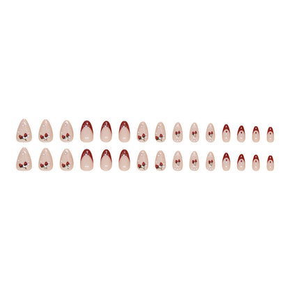 Cherry nail red French design nude almond women press on nail