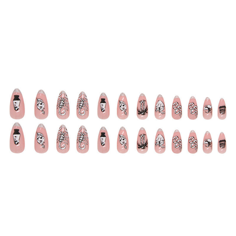 Free Shipping Dark Pink skull french glitter press on nail