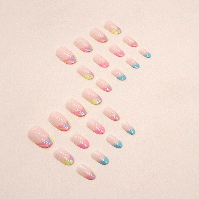 Franch design rainbow pattern sweet 24pcs nude color press on nail