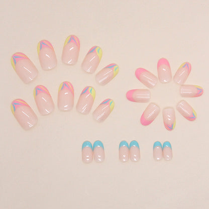 Franch design rainbow pattern sweet 24pcs nude color press on nail