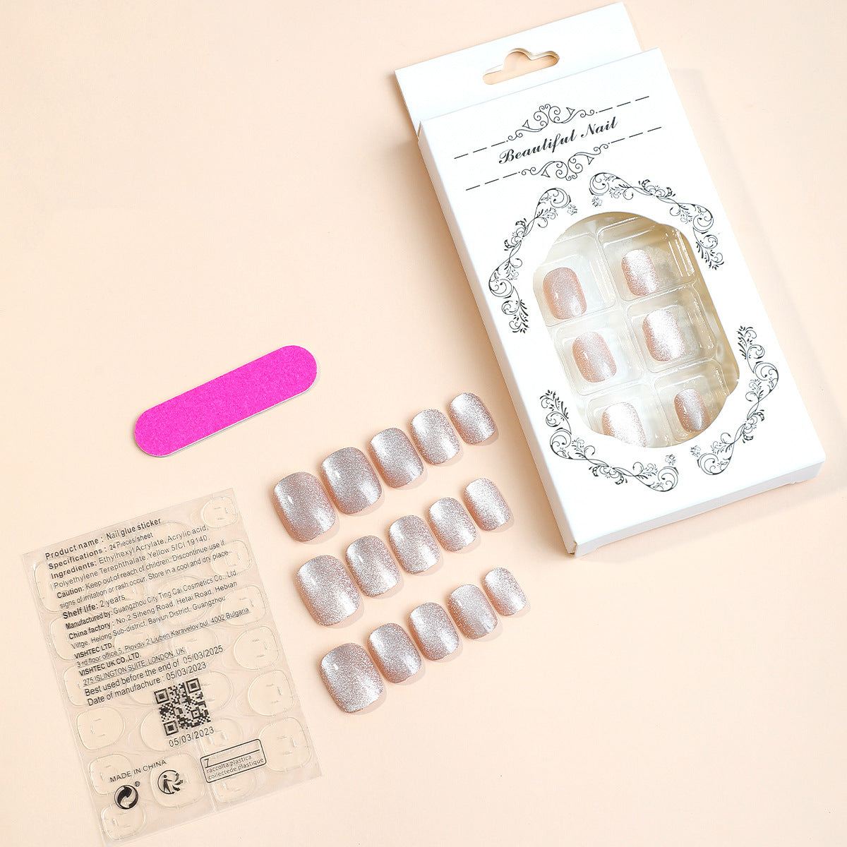 Tender pink short type fake nail newest design sqaure 24pcs cat eye press on nail