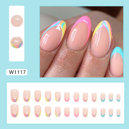 Franch design rainbow pattern sweet 24pcs nude color press on nail