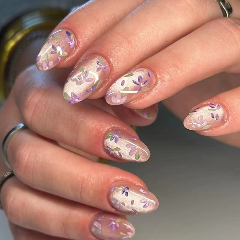 Custom almond flower pattern medium long cat eye 30pcs press on nail