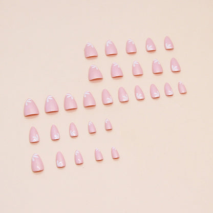 cat eye design nude pink almond shape white flower press on nail