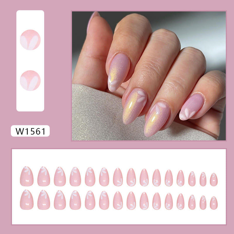 cat eye design nude pink almond shape white flower press on nail