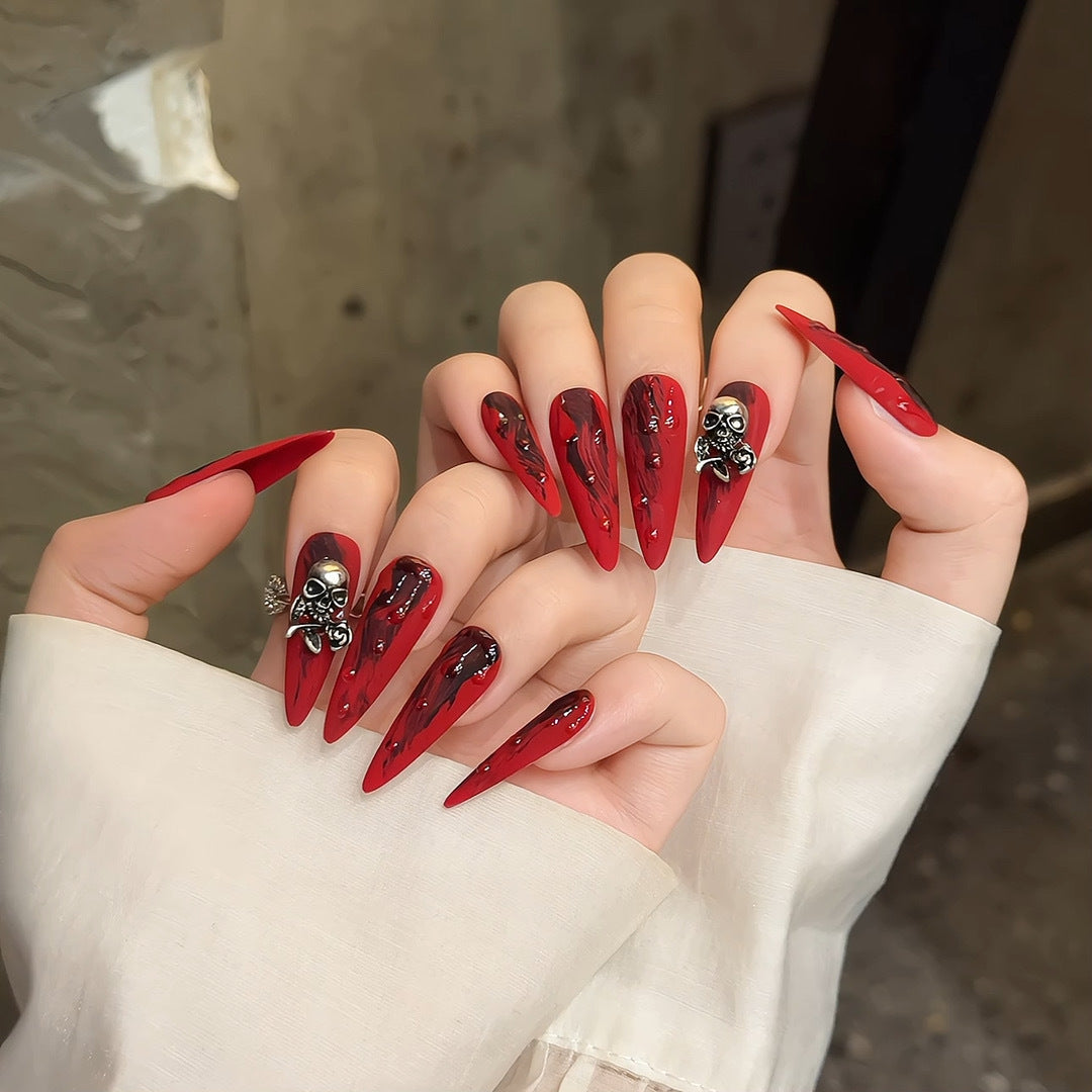 3D Skull Decoration Long Fake Nail Red Nail Art Sets