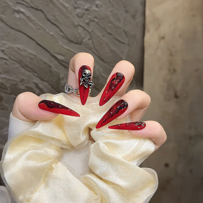 3D Skull Decoration Long Fake Nail Red Nail Art Sets