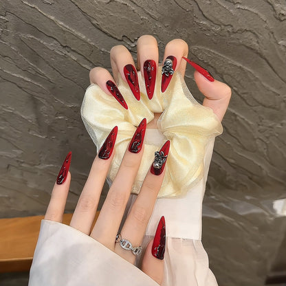 3D Skull Decoration Long Fake Nail Red Nail Art Sets