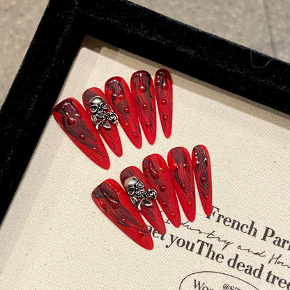 3D Skull Decoration Long Fake Nail Red Nail Art Sets