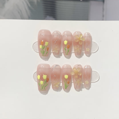 Handmade blush smudged 3D spring tulips fake nails tip