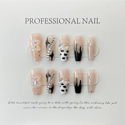 Hot 3D bear bow hot girl nail art pink press on nail set