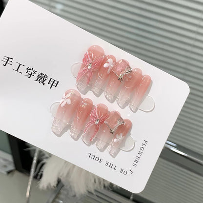 Handmade high grade pink gradient 3d relief butterfly fake nails