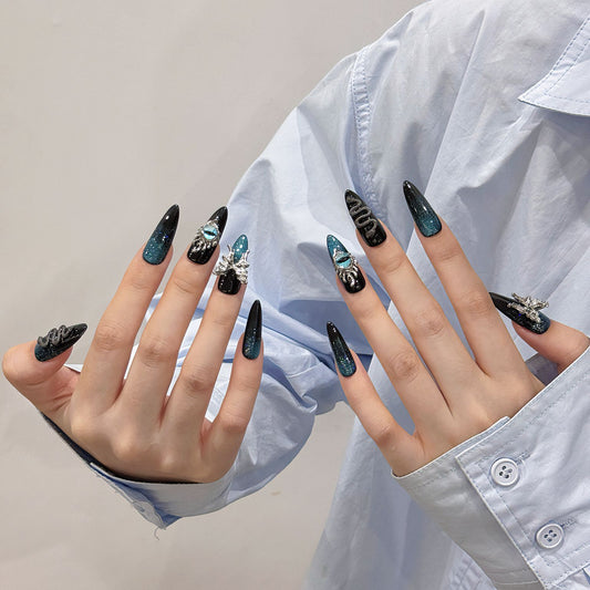 Pure handmade three-dimensional snake butterfly dark blue-black personality fake nails