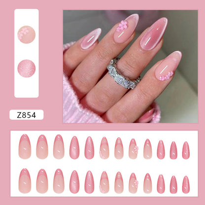 Gentle French design cat eye design medium long pink almond press on nail with flore