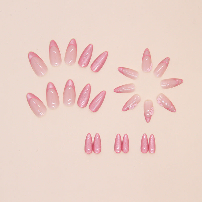 Gentle French design cat eye design medium long pink almond press on nail with flore