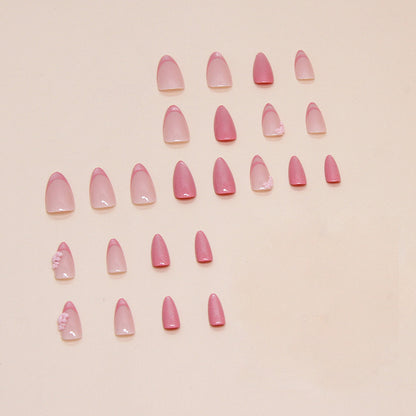 Gentle French design cat eye design medium long pink almond press on nail with flore