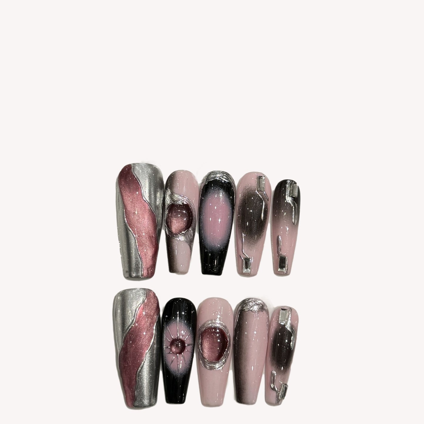 Handmade New Galaxy Black Pink Color Press On Nails Nail Art