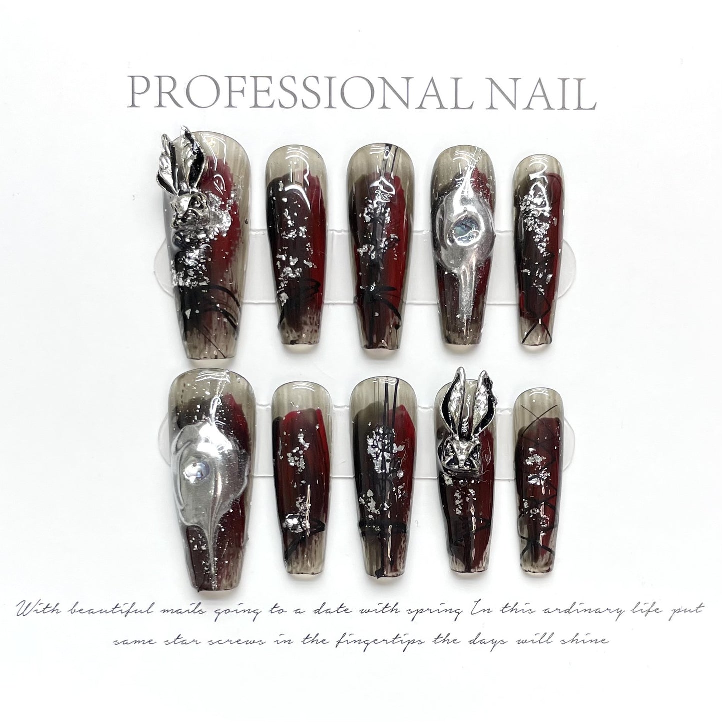 Long Coffin Shape Dark Red Metal Rabbit Budget-Friendly Fake Nails