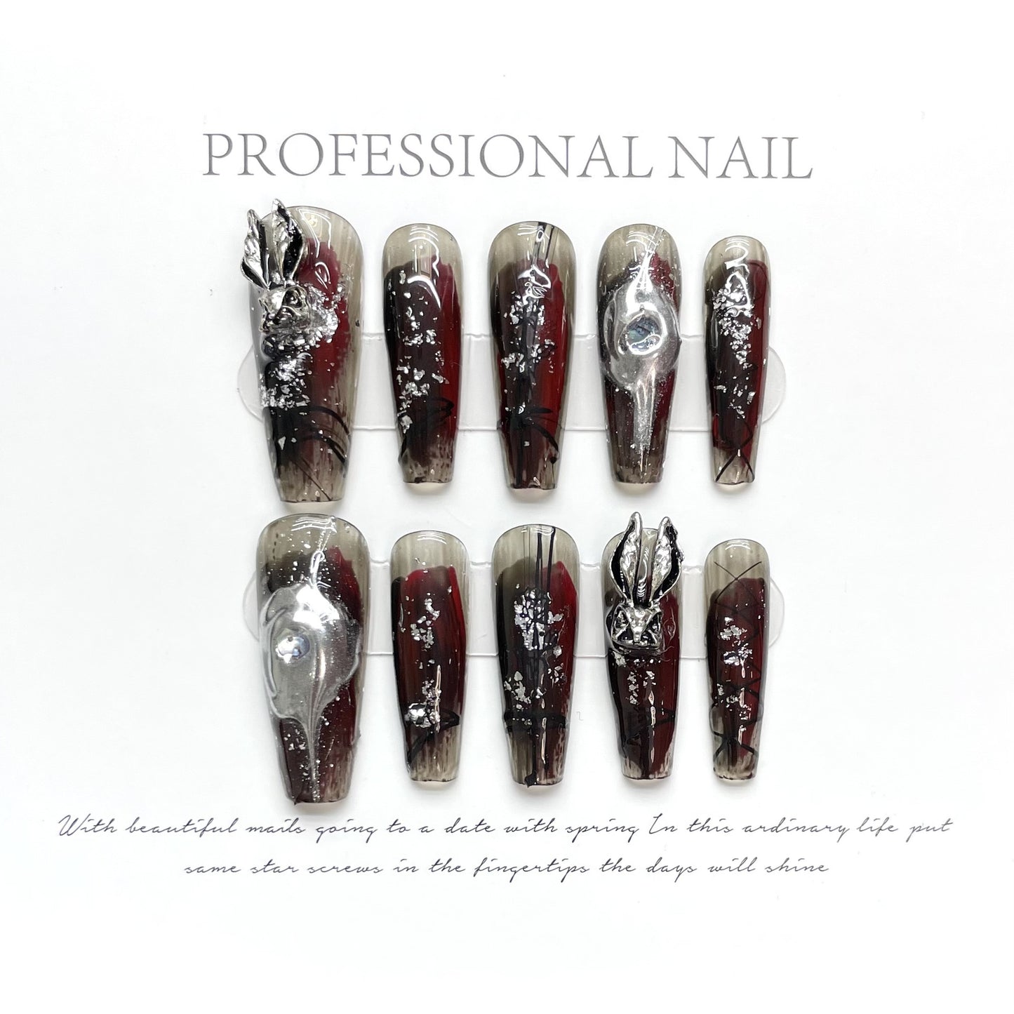 Long Coffin Shape Dark Red Metal Rabbit Budget-Friendly Fake Nails