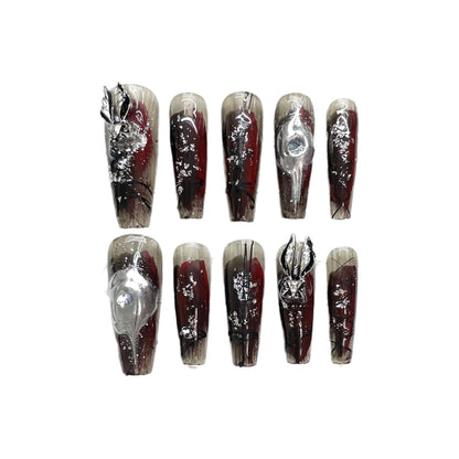 Long Coffin Shape Dark Red Metal Rabbit Budget-Friendly Fake Nails