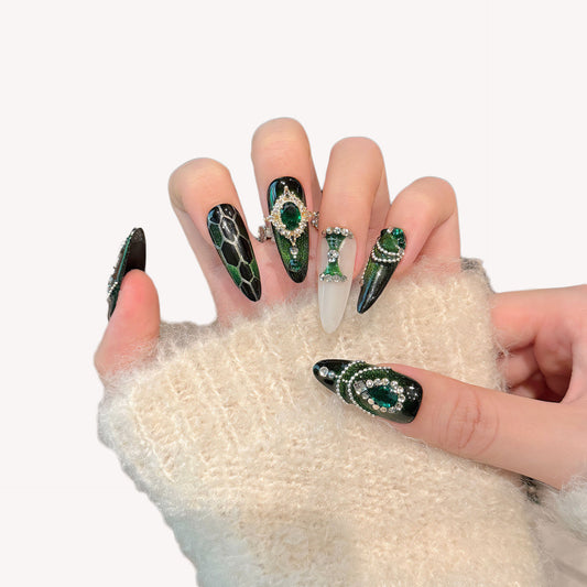 High-end Emerald Green handmade nail art almond press on nails