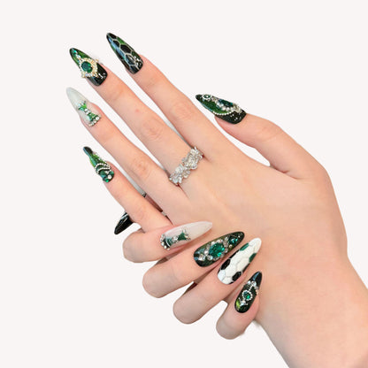 High-end Emerald Green handmade nail art almond press on nails