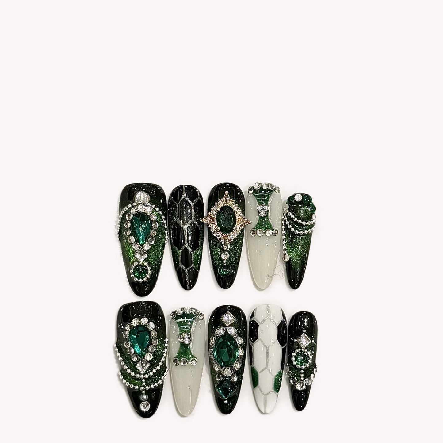 High-end Emerald Green handmade nail art almond press on nails