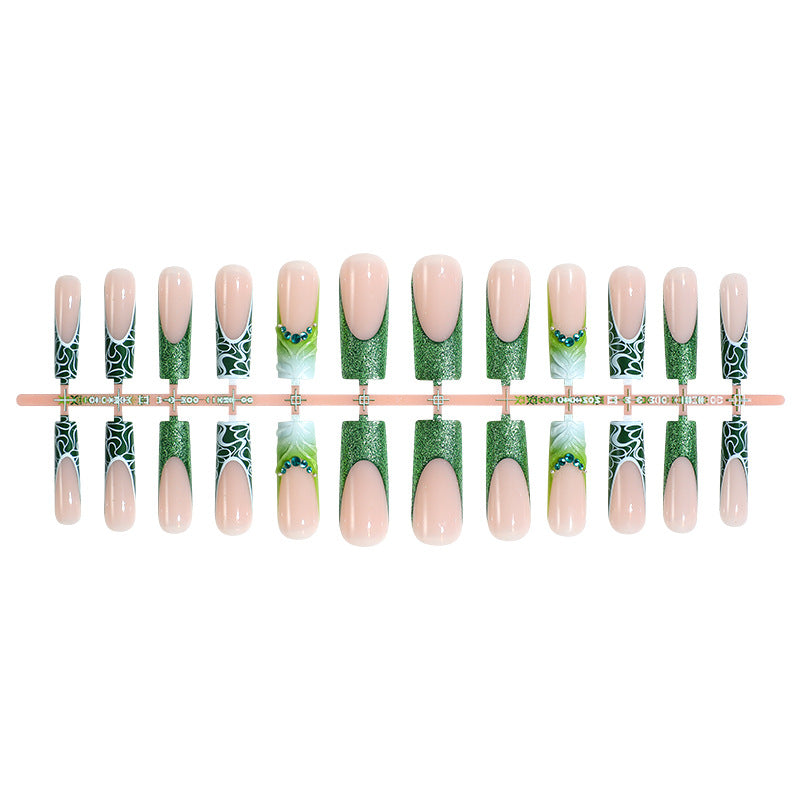 Green color French design press on nail hot sale 3D glitter powder false nail