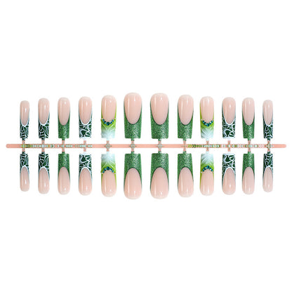 Green color French design press on nail hot sale 3D glitter powder false nail