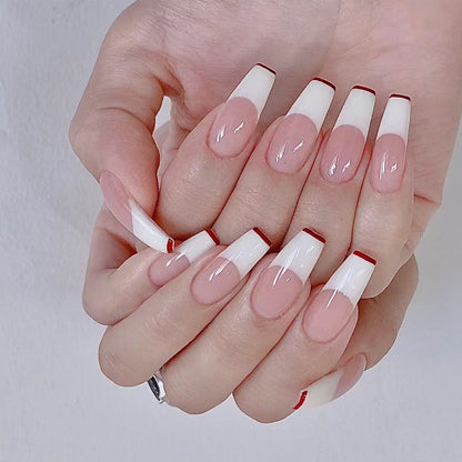 Nude pink color long press on nail coffin women red trim false nail for sweet