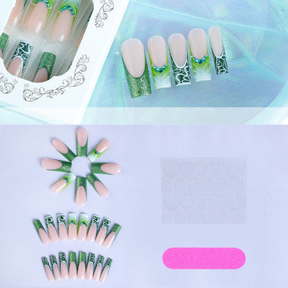 Green color French design press on nail hot sale 3D glitter powder false nail