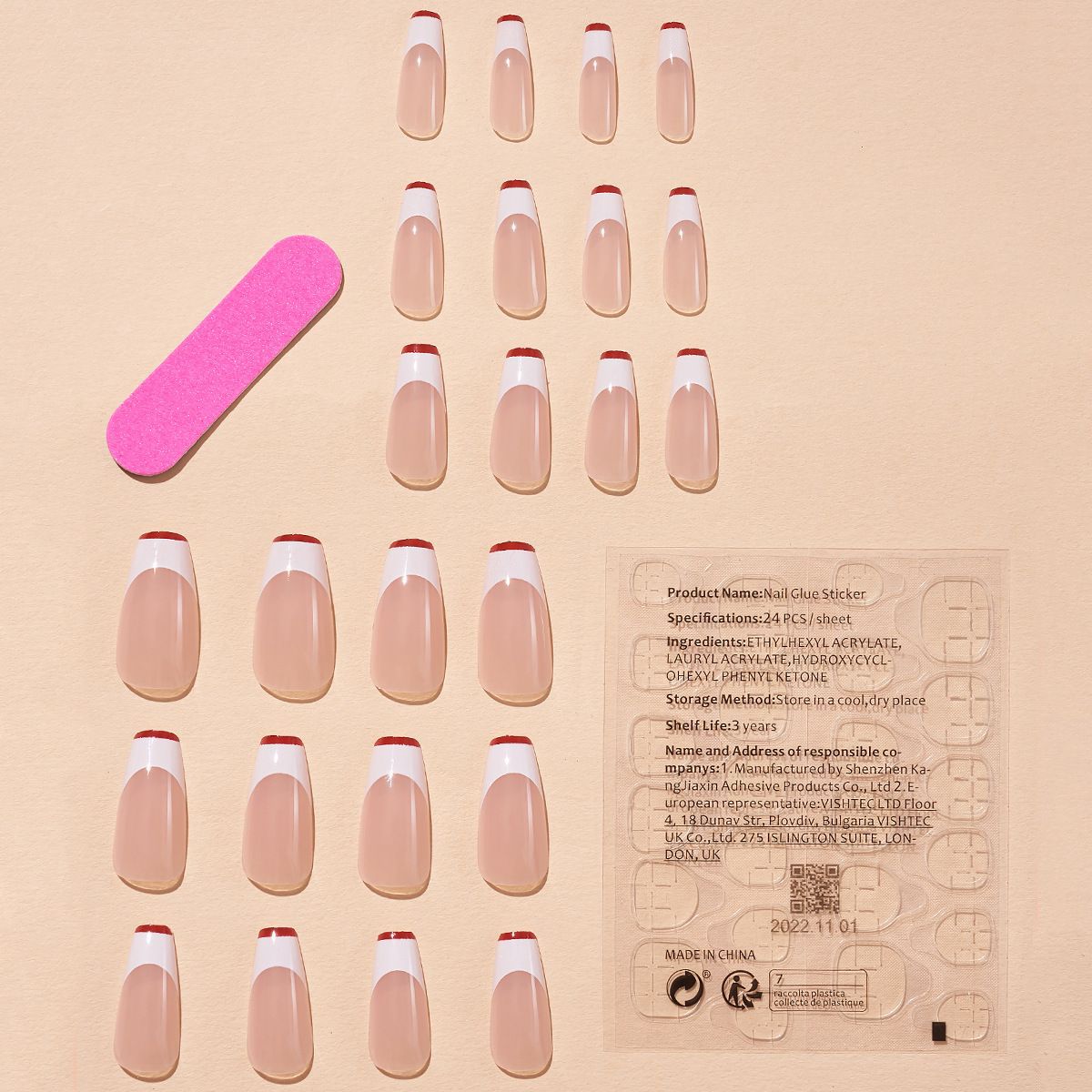 Nude pink color long press on nail coffin women red trim false nail for sweet