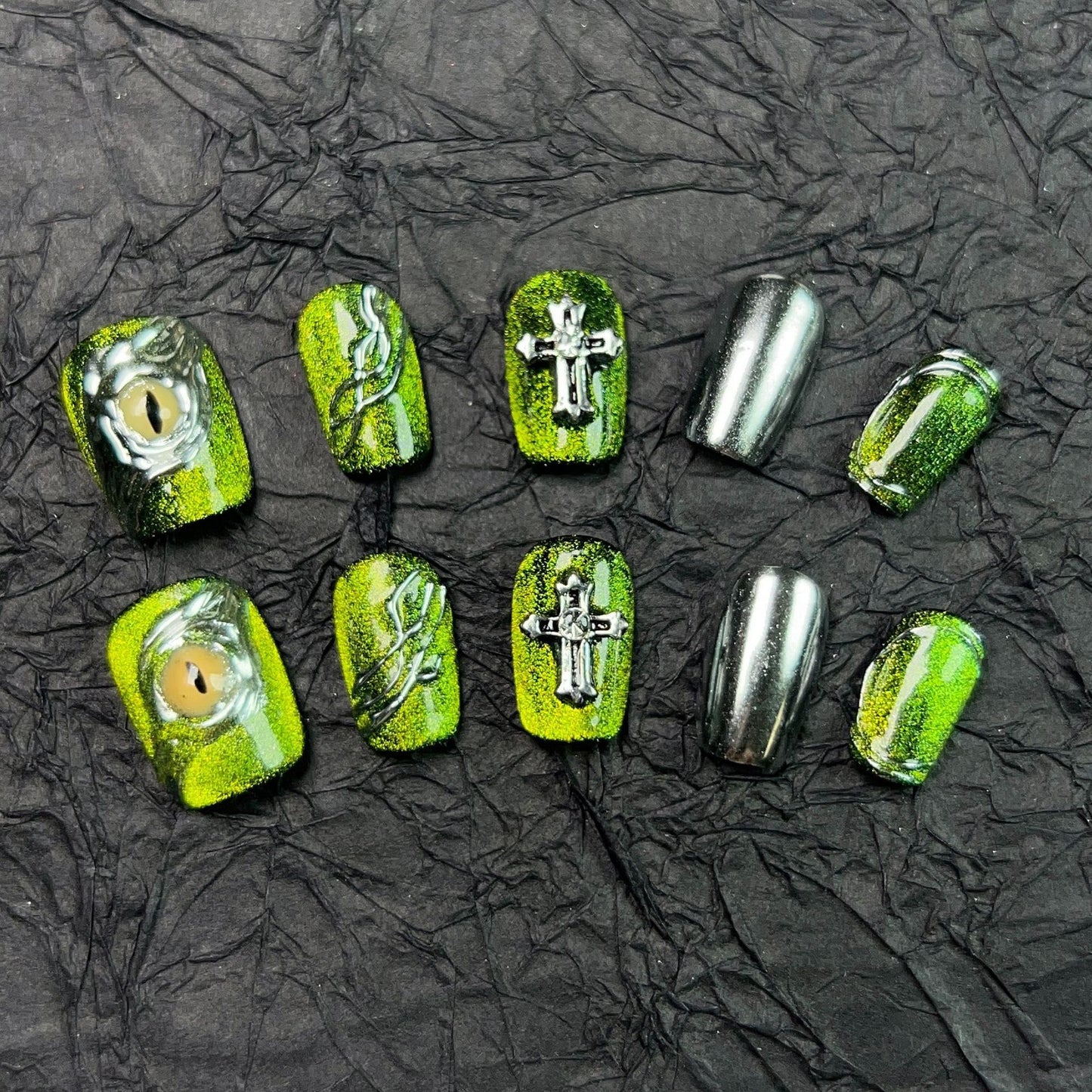 Handmade Green Eye cross removable press on nails art