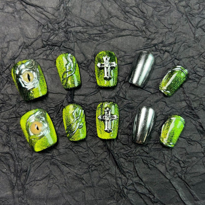 Handmade Green Eye cross removable press on nails art