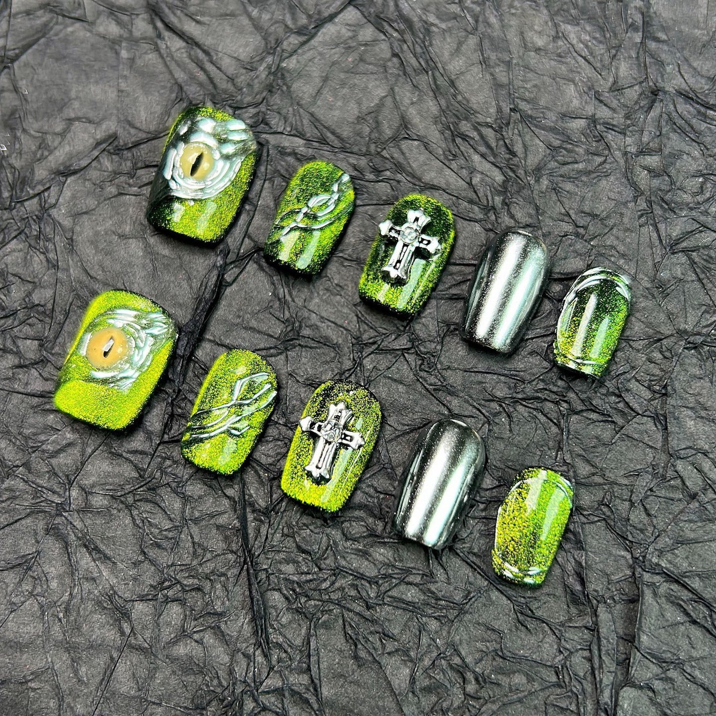 Handmade Green Eye cross removable press on nails art