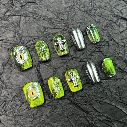 Handmade Green Eye cross removable press on nails art