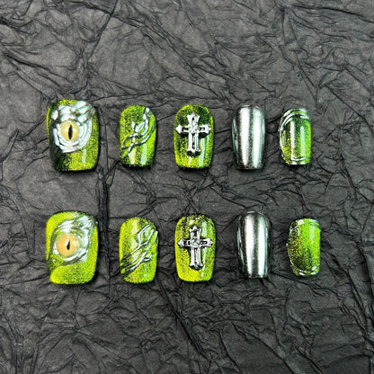 Handmade Green Eye cross removable press on nails art