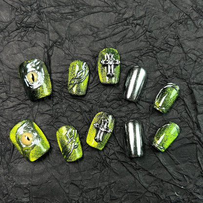 Handmade Green Eye cross removable press on nails art