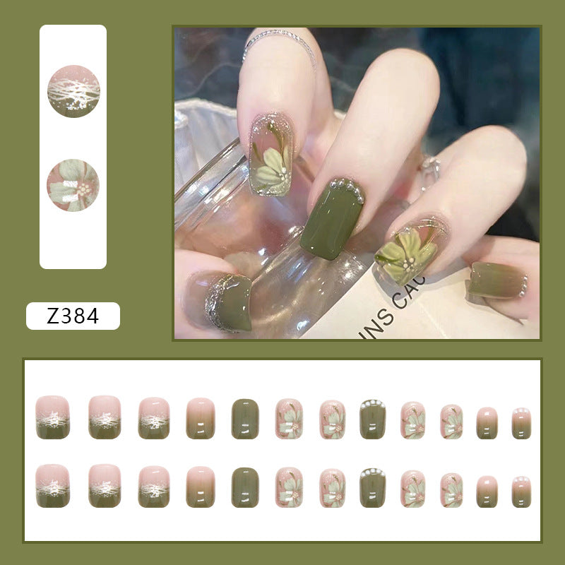 Bling simple green color French pearl 24pcs press on nail with flower pattern