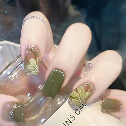 Bling simple green color French pearl 24pcs press on nail with flower pattern