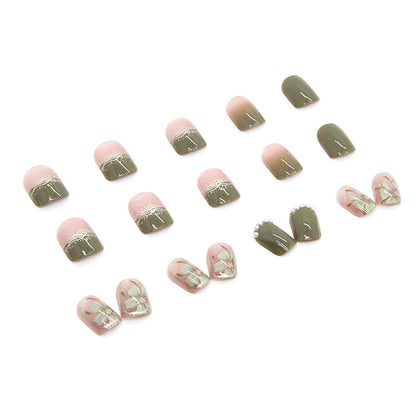 Bling simple green color French pearl 24pcs press on nail with flower pattern