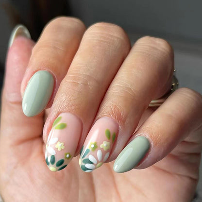 Natural oval shape green women press on nail with flore