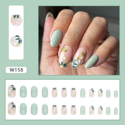 Natural oval shape green women press on nail with flore