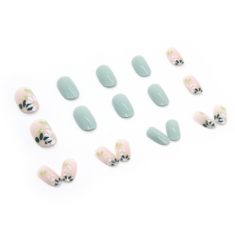 Natural oval shape green women press on nail with flore