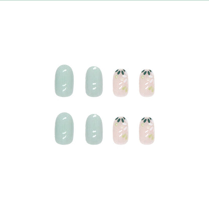 Natural oval shape green women press on nail with flore