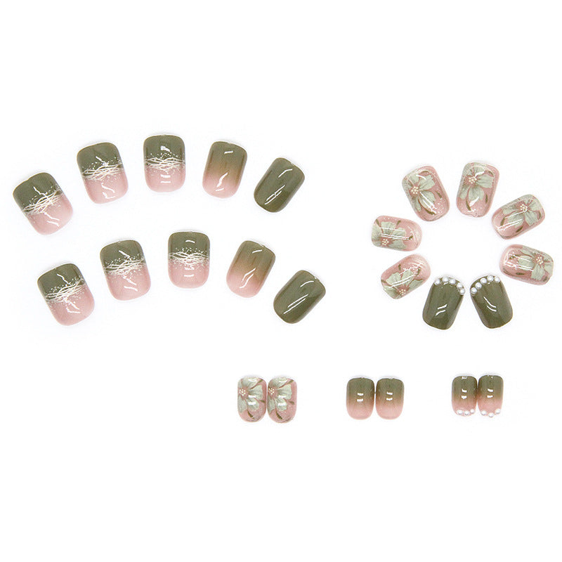 Bling simple green color French pearl 24pcs press on nail with flower pattern