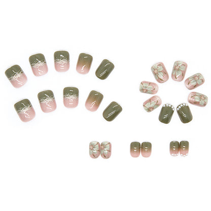 Bling simple green color French pearl 24pcs press on nail with flower pattern