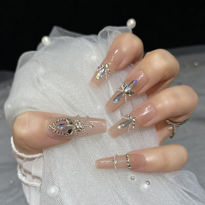 Handmade Long T Pure Pink Full Diamond Gorgeous Fake Nails